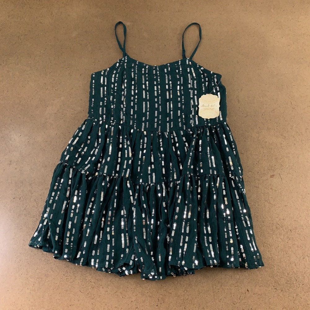 Altar'd State Women's Size Small Hunter Green Sequin Tiered Felix Mini Dress NWT